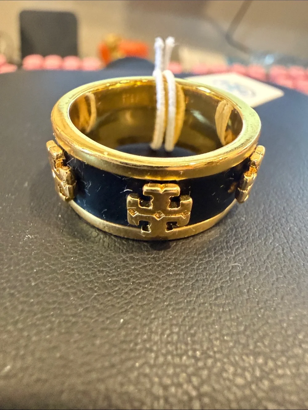 Tory Burch | Gold Plated & Black Enamel Women's Logo Band Ring | Size 8